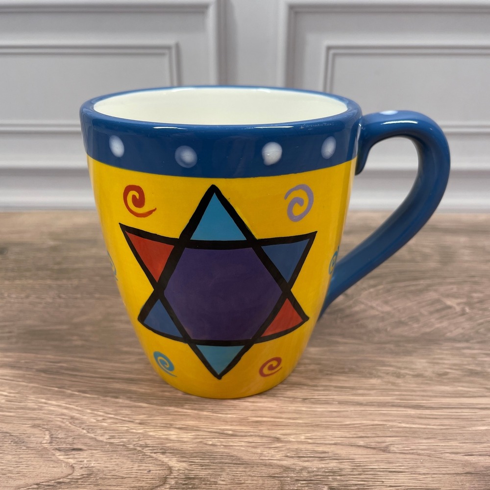 StoneLite Star of David Hanukkah Ceramic 10oz Coffee Tea Mug Blue Yellow White